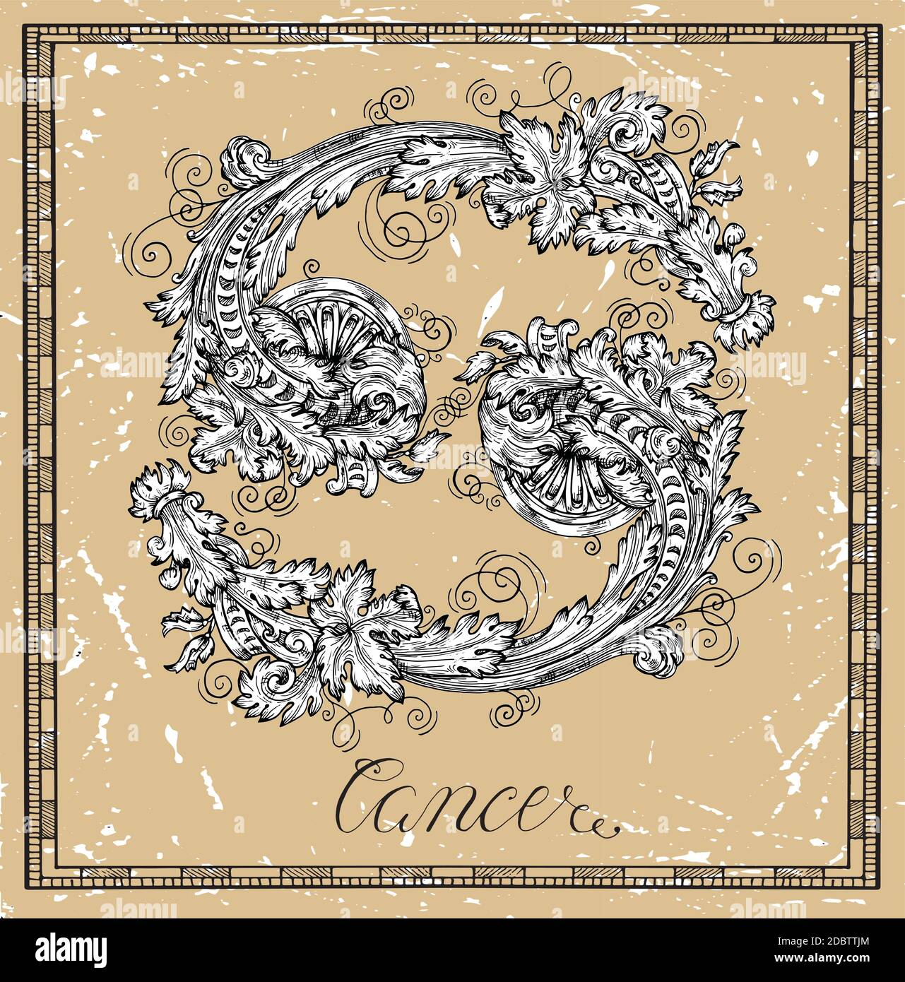 Cancro o segno zodiacale granchio su telaio su tessitura. Collezione di simboli astrologici in stile barocco vittoriano. Immagine vettoriale disegnata a mano per Horo Illustrazione Vettoriale