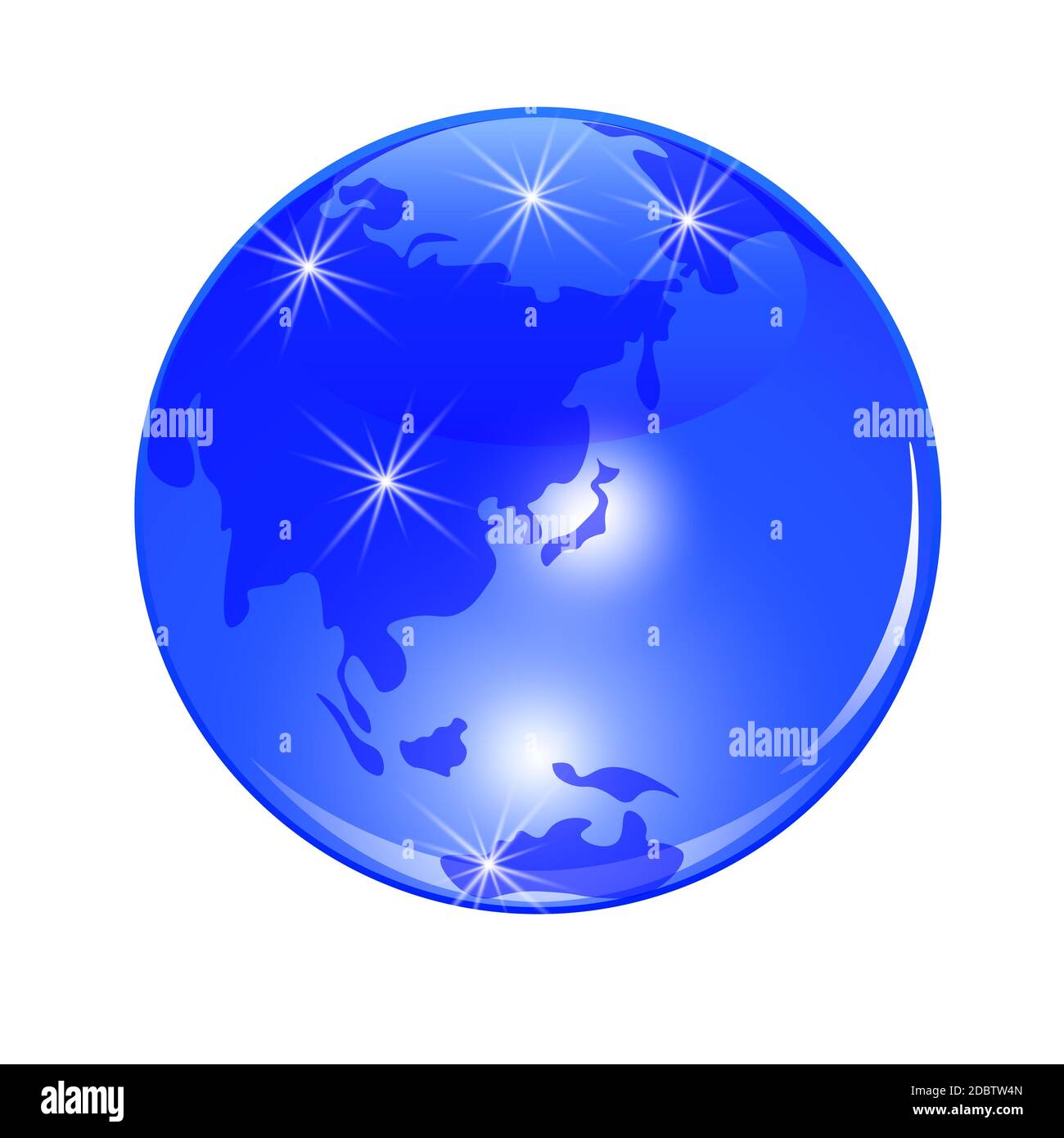 Terra pianeta blu. Vista dal Giappone, dalla Cina e dall'Estremo Oriente. . Palla lucida stilizzata. Illustrazione vettoriale Foto Stock