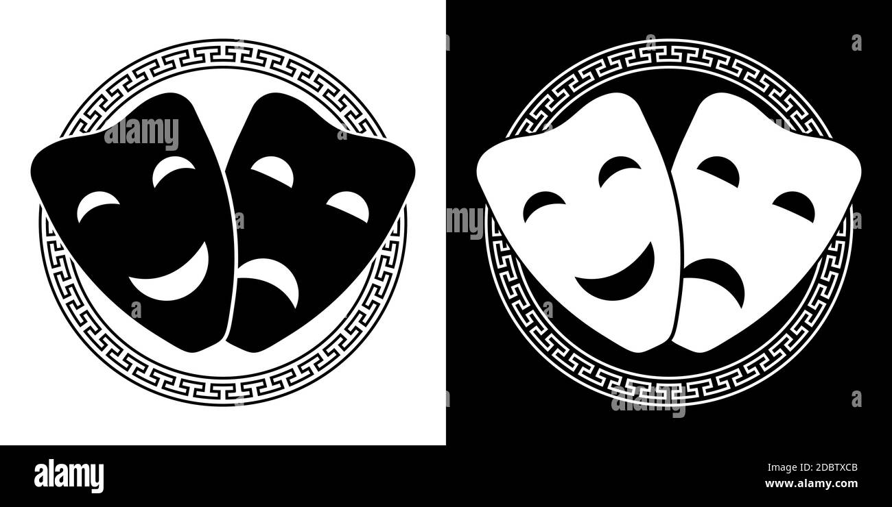 Set di commedie e tragiche maschere teatrali incorniciate in ornamento greco. Anteprime teatrali, poster circo. Vettore Illustrazione Vettoriale