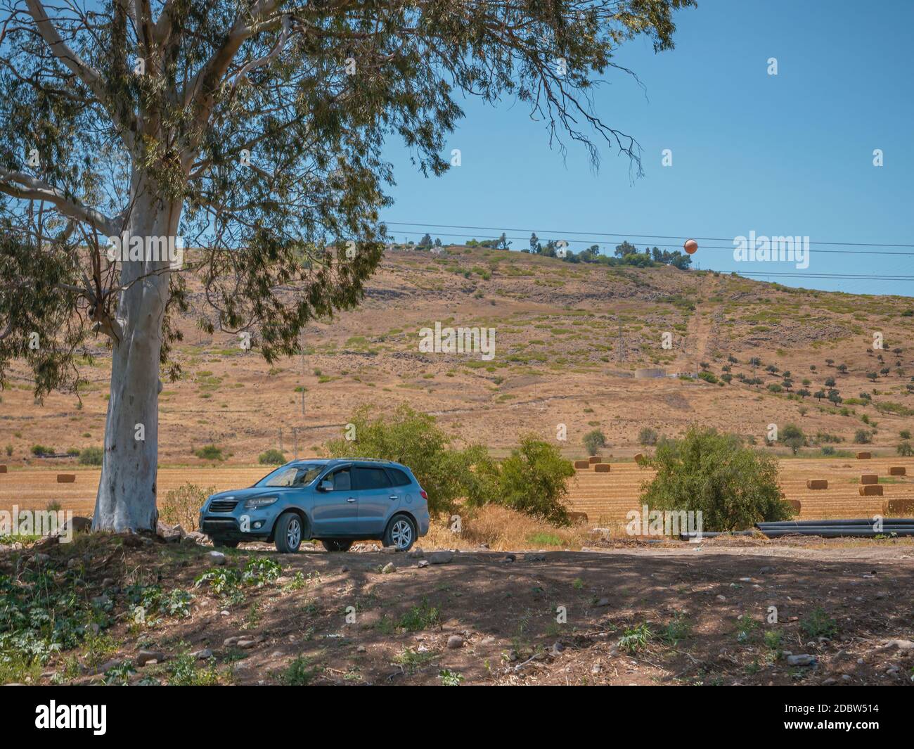 Veicolo fuoristrada SUV grigio parcheggiato sotto un'ombra di eucalipto su una strada sterrata. Il paesaggio di montagne e campi di grano con balle di fieno nel conte Foto Stock