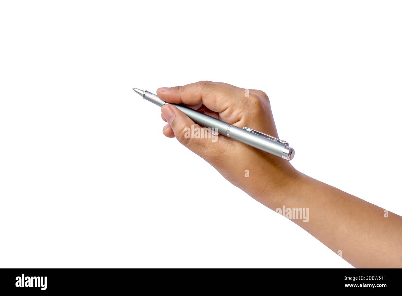 Primo piano della mano di una donna che tiene una penna e scrive un gesto su  uno sfondo bianco con il tracciato di ritaglio Foto stock - Alamy