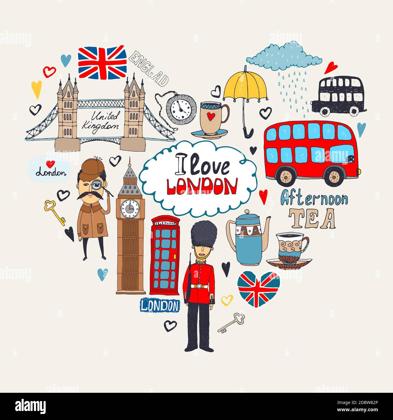 Londra nel mio cuore o i Love London card design con icone di riferimento anatomico disposte a forma di cuore, tra cui una beefeater Sherlock Holmes Big ben Tower BRI Illustrazione Vettoriale