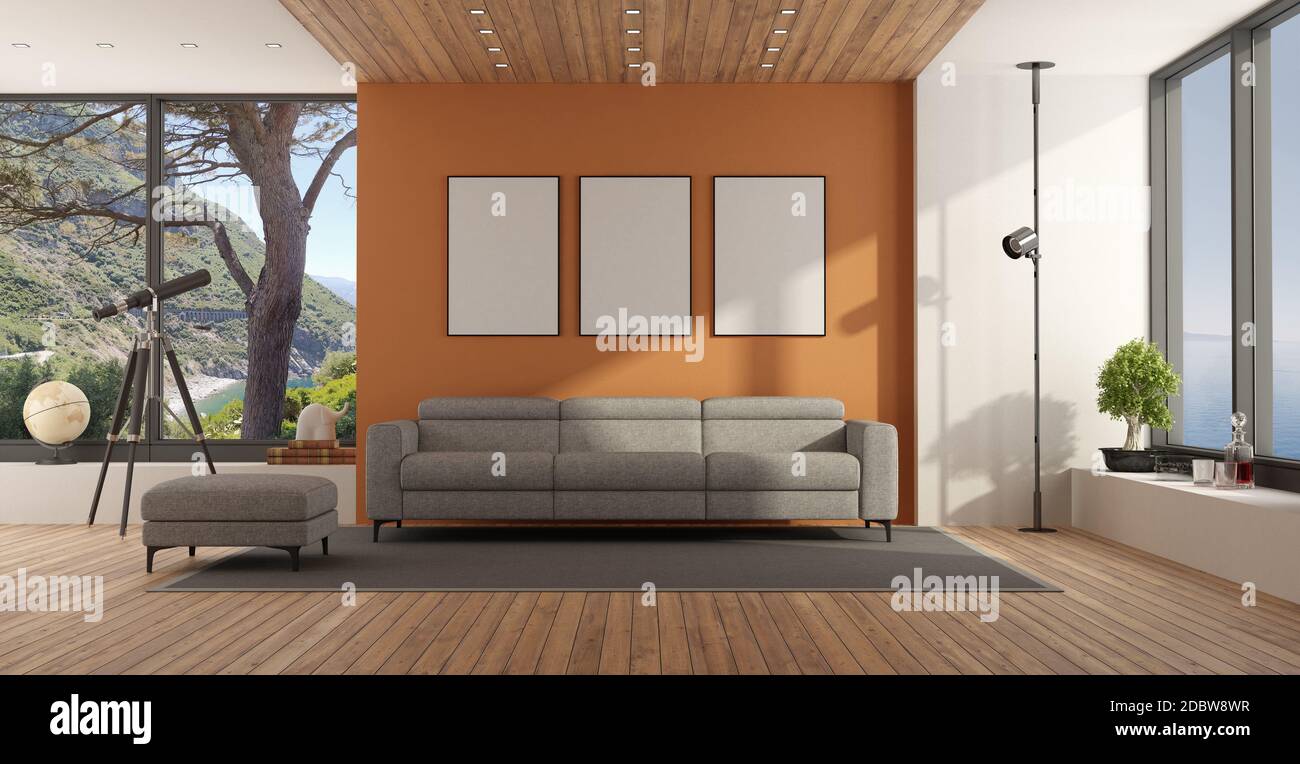 Soggiorno con grande finestra e divano grigio contro parete arancione -  rendering 3d Foto stock - Alamy