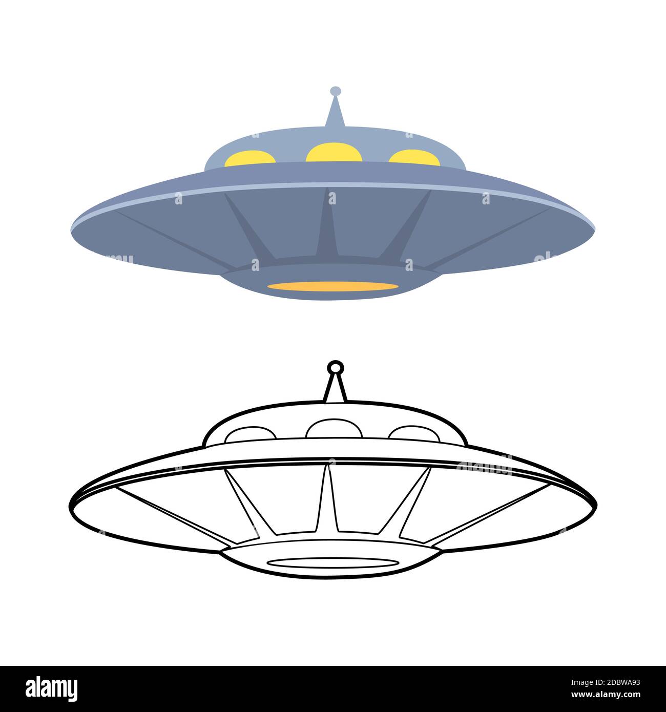 Set di profili e colorato piano UFO. Vari piattini volanti. Oggetto volante sconosciuto. Ospite dallo spazio. Oggetto vettore per icona, logo, scheda, banner e y Illustrazione Vettoriale