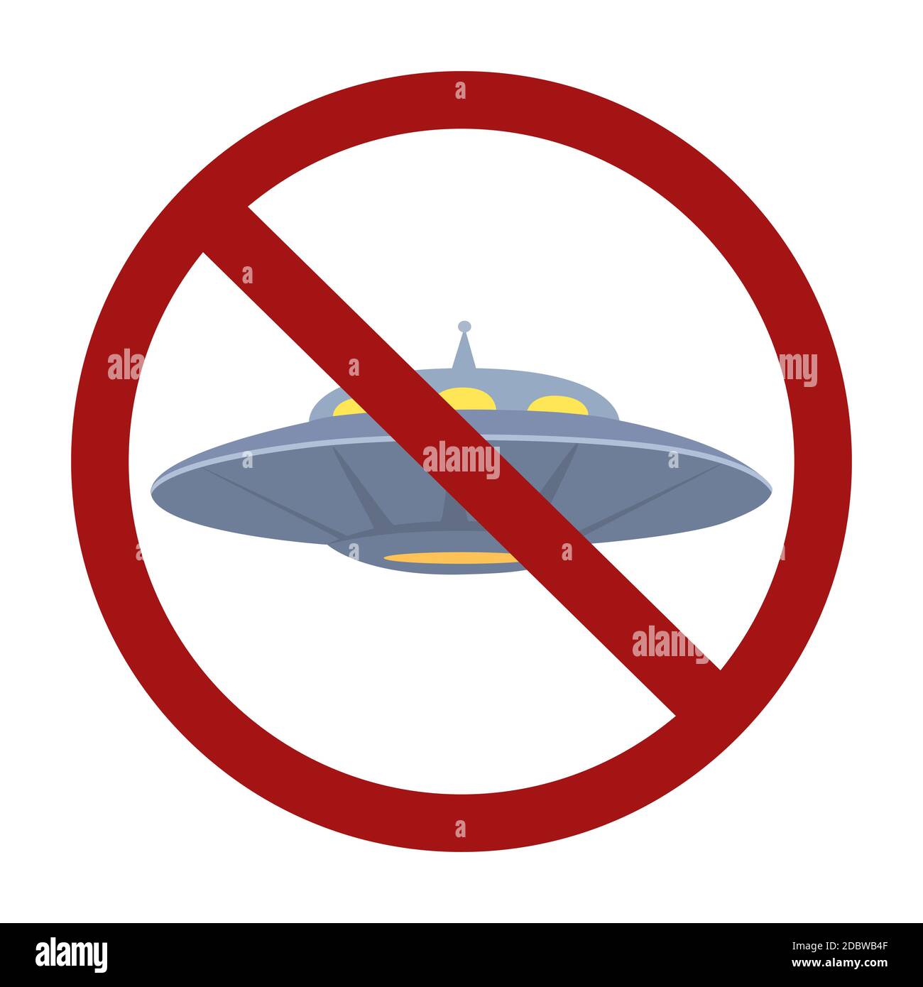 Appartamento UFO in segno di divieto rosso. Divieto di volo piattino. Oggetto volante sconosciuto. Vietato agli ospiti dallo spazio. Oggetto cartoon vettoriale per icona, logo, c Illustrazione Vettoriale