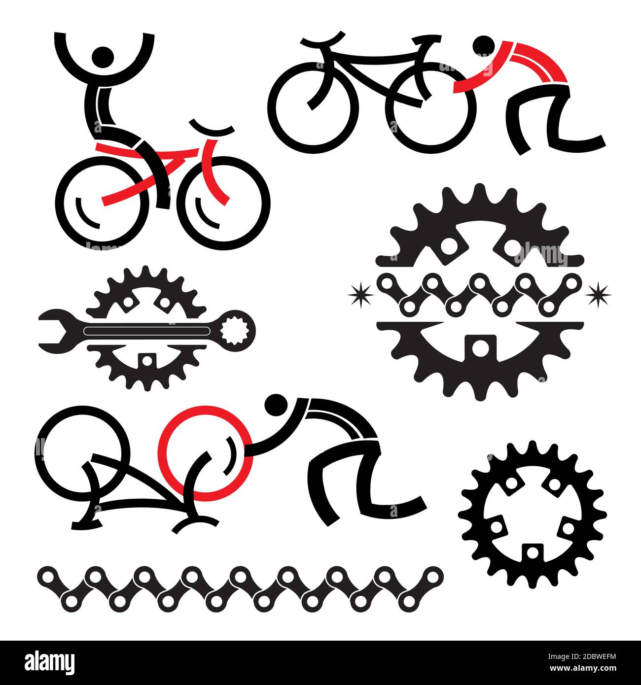 Servizio di riparazione in bicicletta, icone. Set di icone e parti di bicicletta. Vettore disponibile. Illustrazione Vettoriale
