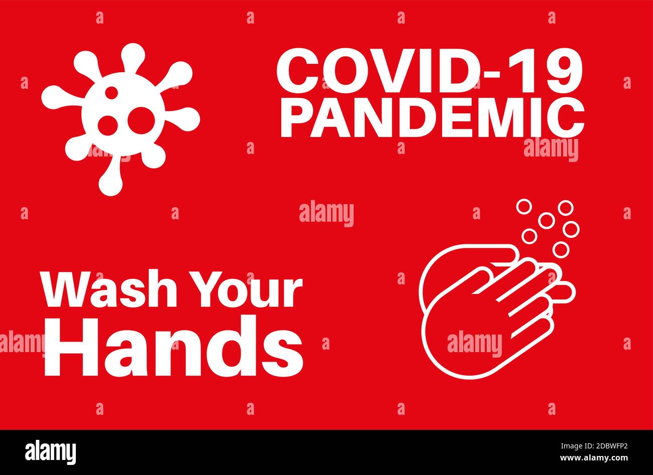 Covid-19 Pandemic - Lavare le mani con virus e lavare logo mani su sfondo rosso colorato Illustrazione Vettoriale