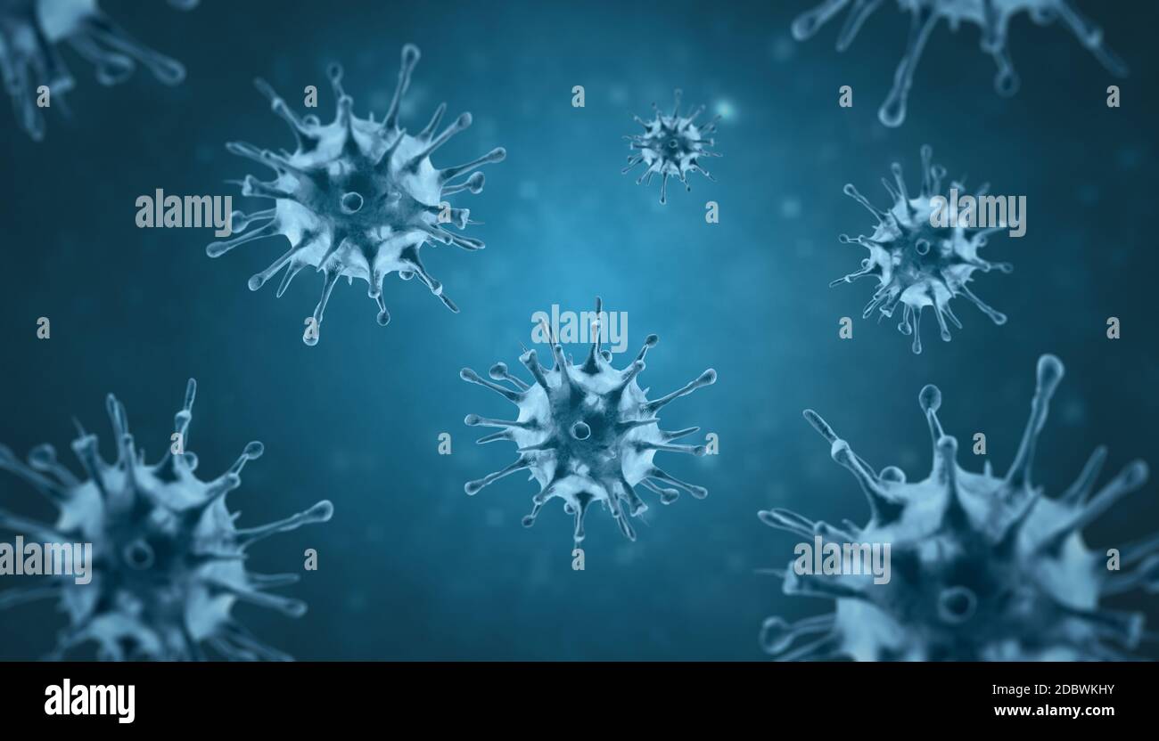 Vista microscopica delle cellule del virus dell'influenza. Illustrazione medica 3D Foto Stock