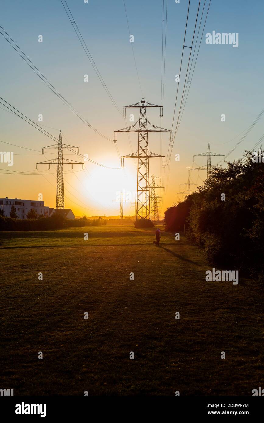 tralicci elettrici al tramonto Foto Stock