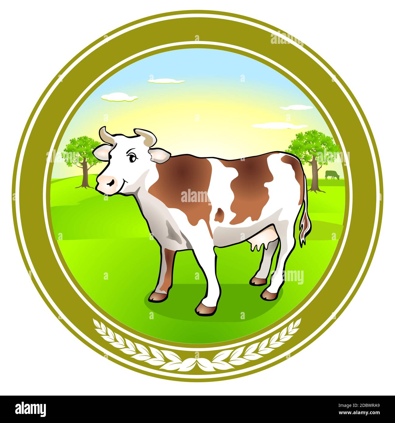 Adesivo con emblema di mucca da latte. Illustrazione vettoriale. Foto Stock