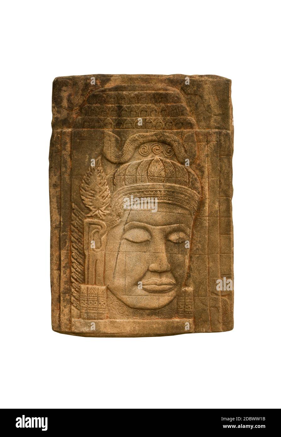 Sculture in arenaria faccia donna in angkor wat, cambogia. Foto Stock