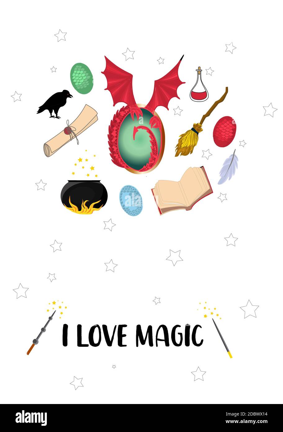 Amo la magia. Cartolina con oggetti magici. MISTERO E MAGIA. Foto Stock