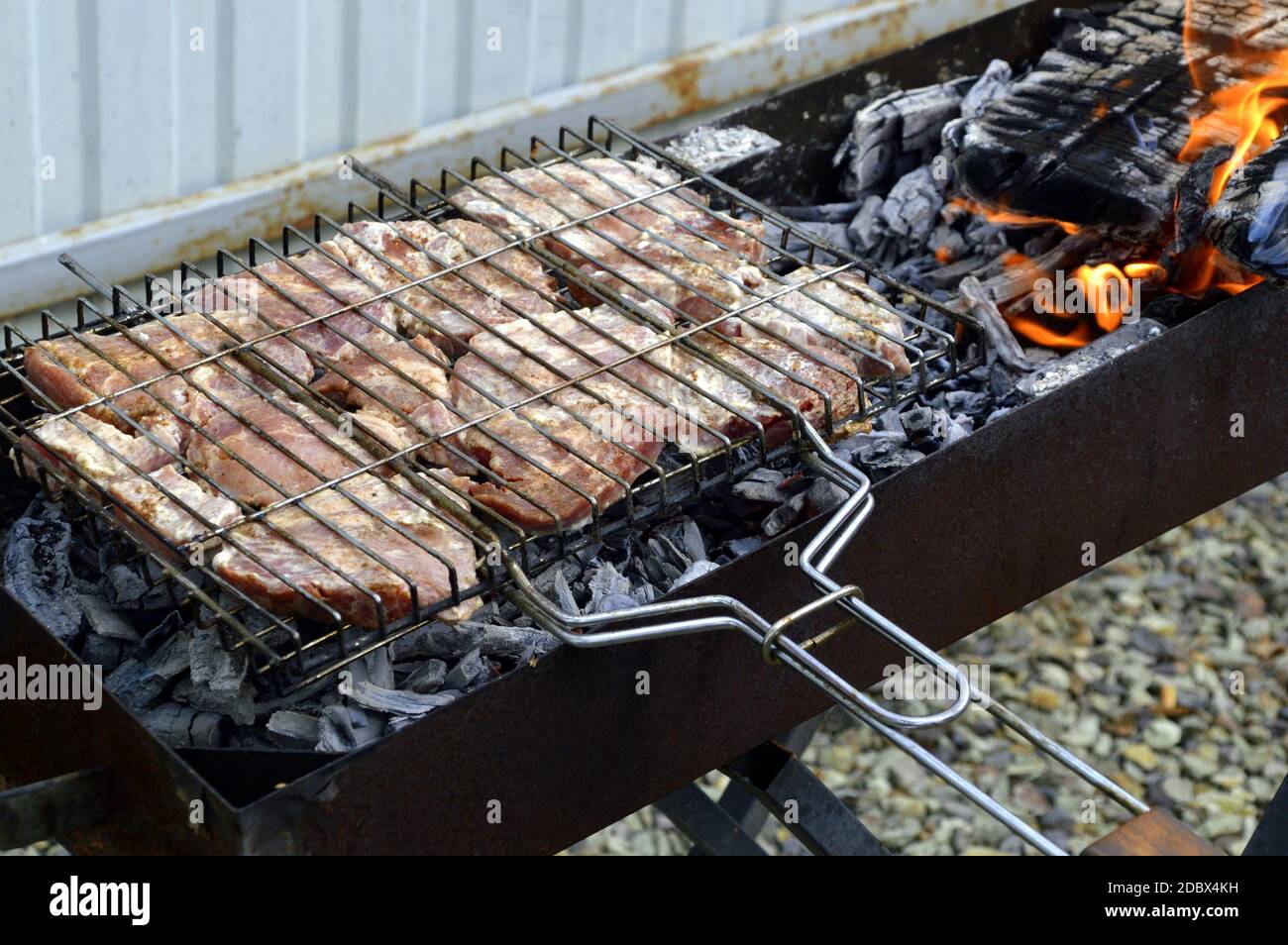 Carne di maiale cruda marinata alla griglia. Cucina in cortile Foto Stock