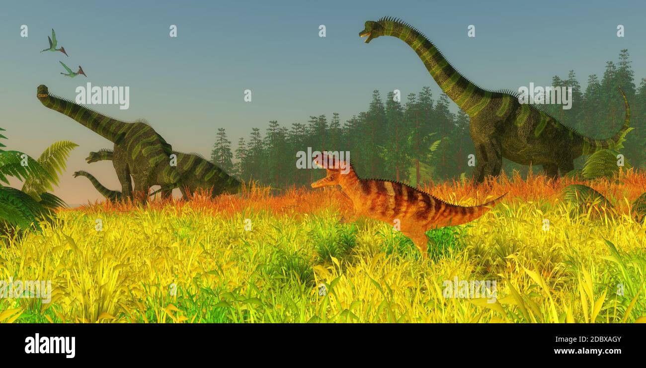 Due rettili Pterodactylus volano su un gregge di dinosauri Brachiosaurus sauropod mentre tengono un occhio stanco su un carnivoro Ceratosaurus. Foto Stock