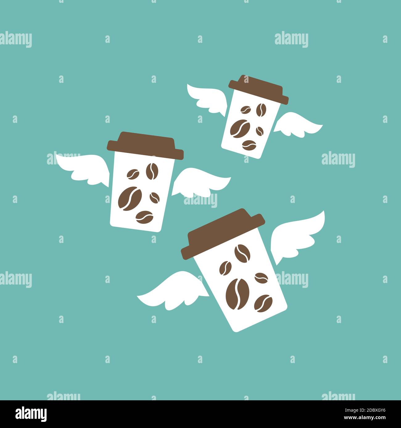 tre tazze da caffè volanti con ali. tazza di caffè in cartone usa e getta. Icona del contenitore della carta isolata in blu. Illustrazione del contorno vettoriale. Illustrazione Vettoriale