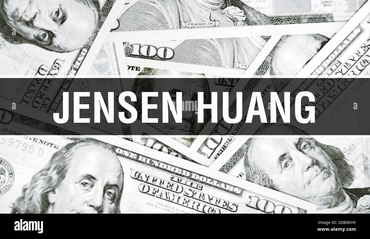 Concetto di testo Jensen Huang. Dollari americani denaro contante, rendering 3D. Il miliardario Jensen Huang al Dollar Banknote. Top World Financial Billionaire Investor - Londra, 3 maggio 2020 Foto Stock
