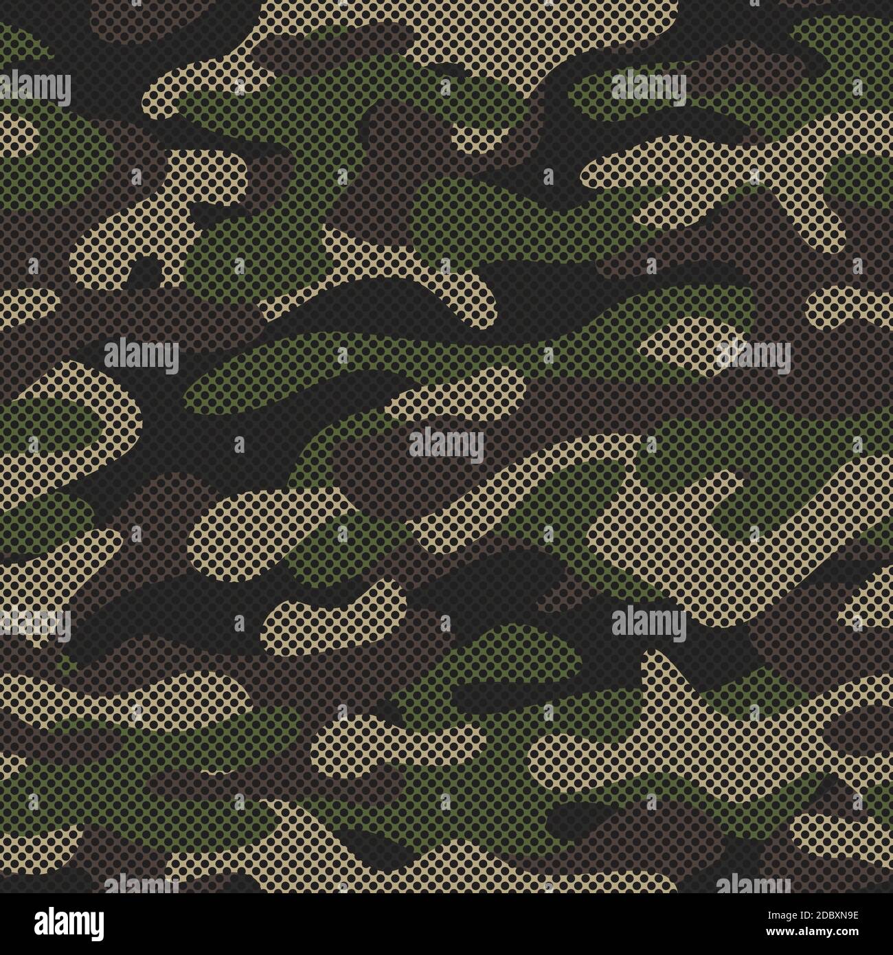 Moderno motivo camouflage verde senza cuciture. Sfondo dell'illustrazione vettoriale per la superficie, il disegno della t-shirt, la stampa, il poster, l'icona, il fotoricettore, i disegni grafici. Illustrazione Vettoriale