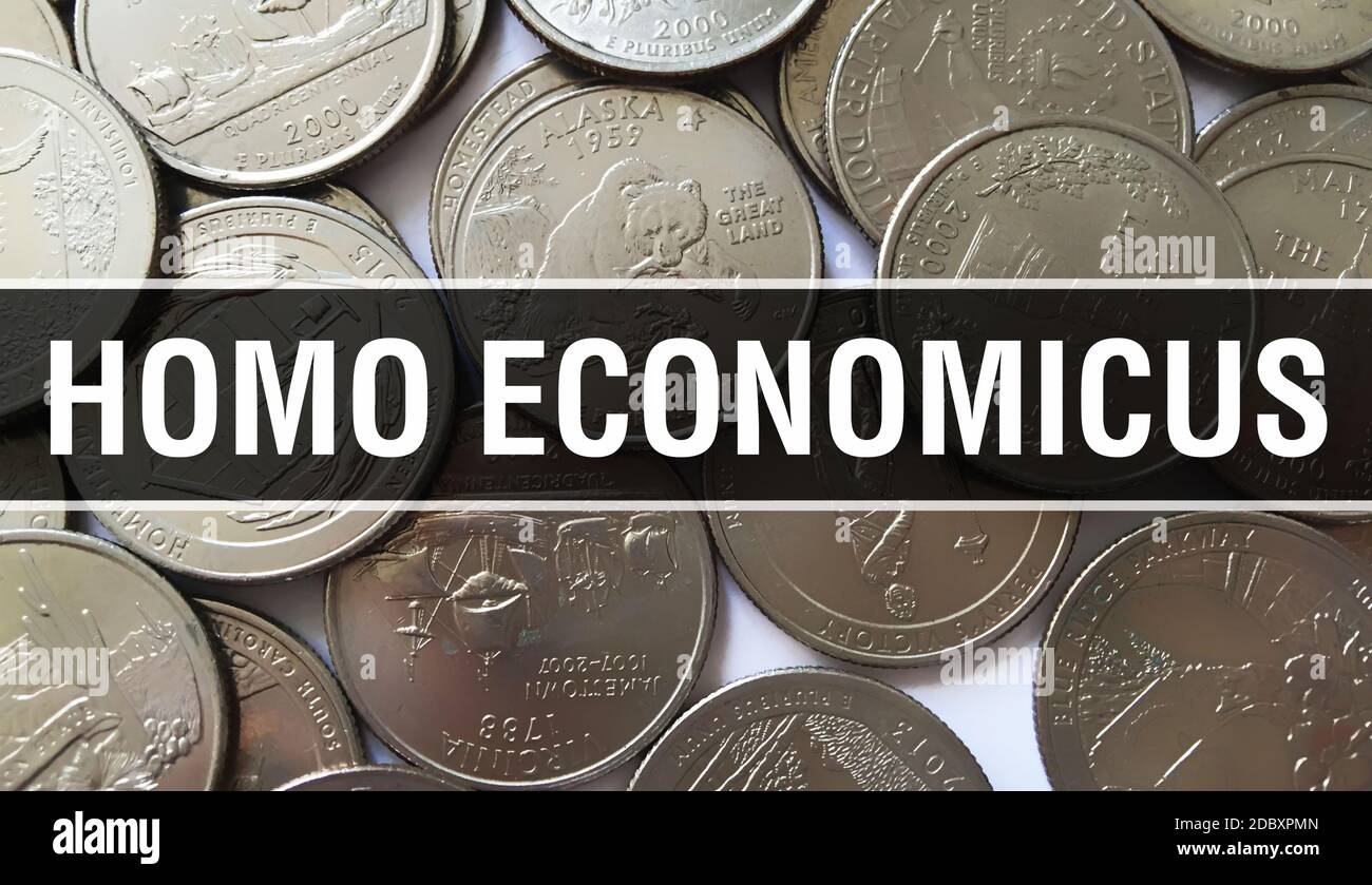 Homo economicus testo concetto Closeup. Dollari Americani Cash Money,rendering 3D. Homo economicus alla banconota da Dollaro. Finanza USA banconote Comme Foto Stock