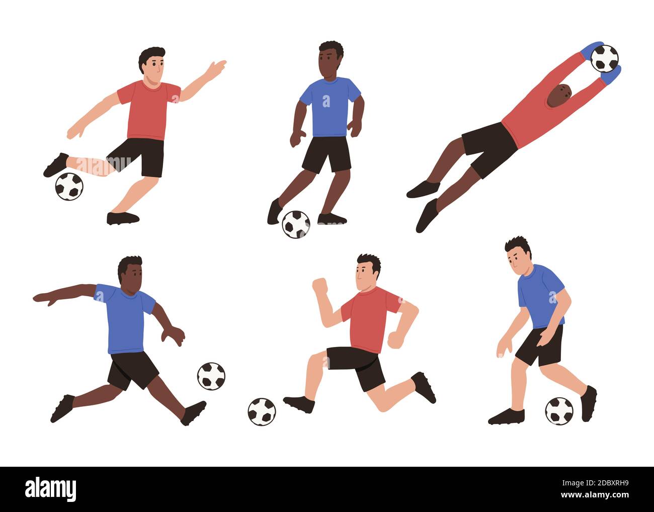 Set di giocatori di calcio maschile Cartoon. Illustrazione vettoriale isolata. Persone attive che giocano a calcio in diverse posizioni. Illustrazione Vettoriale