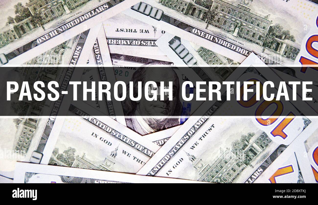 Descrizione del concetto di testo del certificato pass-through. Dollari Americani Cash Money,rendering 3D. Certificato pass-through presso la banconota da Dollaro. Stati Uniti finanziari MO Foto Stock