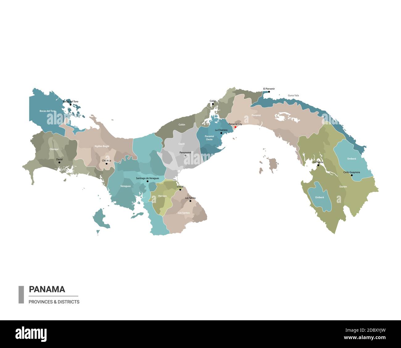 Panama higt Mappa dettagliata con suddivisioni. Mappa amministrativa di Panama con il nome di distretti e città, colorata da stati e districa amministrativa Illustrazione Vettoriale