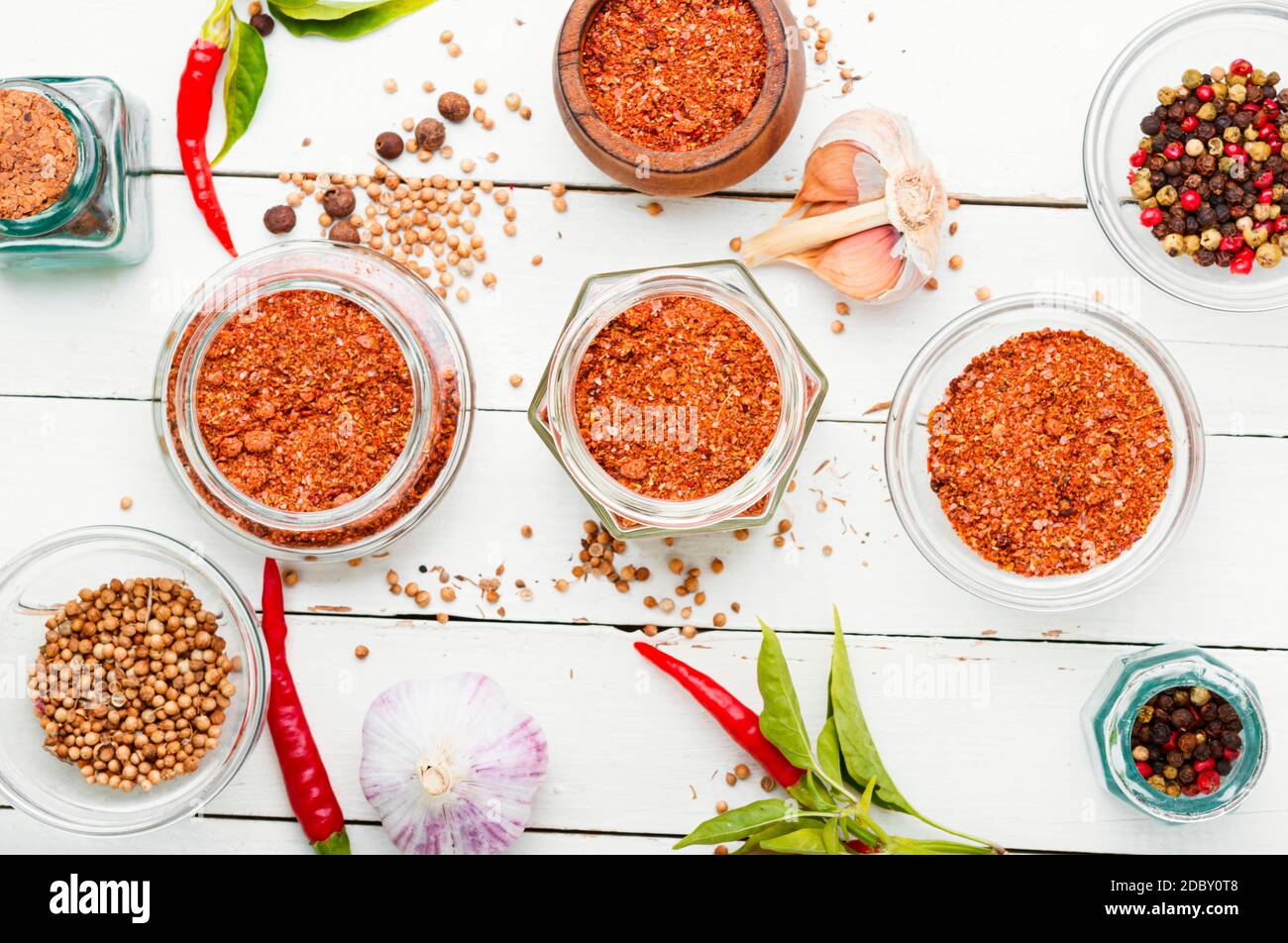 Spezie calde fatte in casa, adjika secco e ingredienti Foto Stock