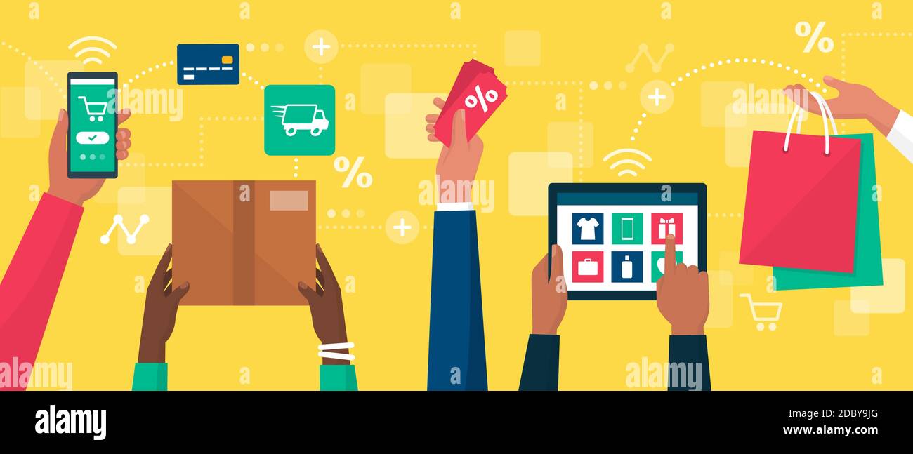 La gente che fa lo shopping in linea, stanno ordinando i prodotti, pagando con una carta di credito e tenendo i sacchetti di shopping Illustrazione Vettoriale