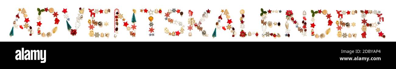 Lettera colorata di decorazione di Natale costruzione della parola tedesca Adventskalender significa Calendario di Avvento. Ornamento festivo come albero di Natale, stella e palla. Foto Stock