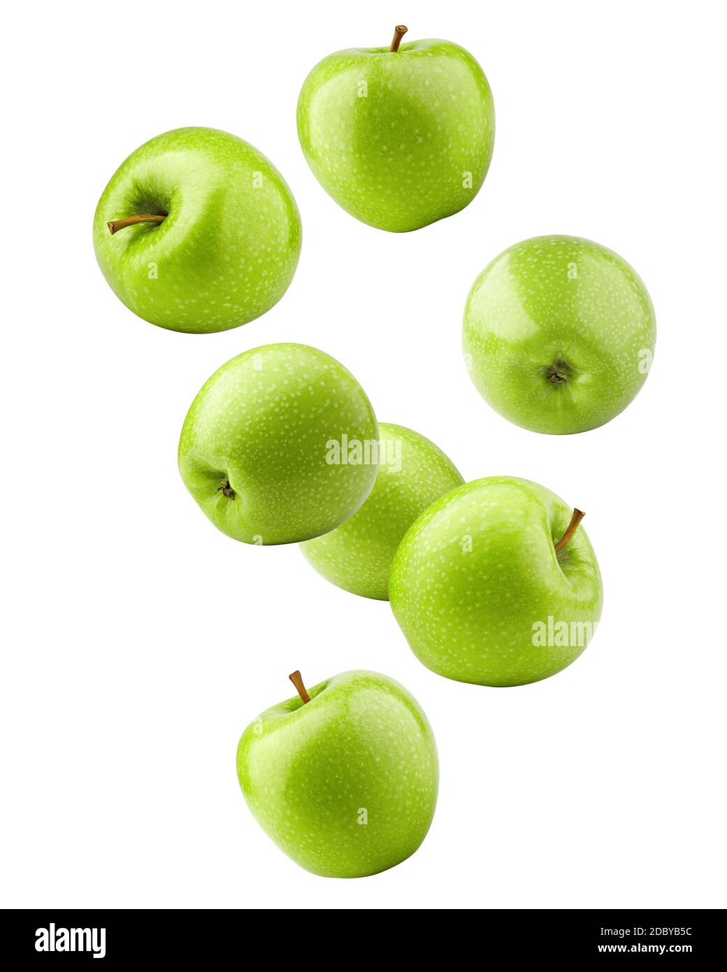 Caduta verde mela succosa isolato su sfondo bianco, ritaglio percorso, piena profondità di campo Foto Stock