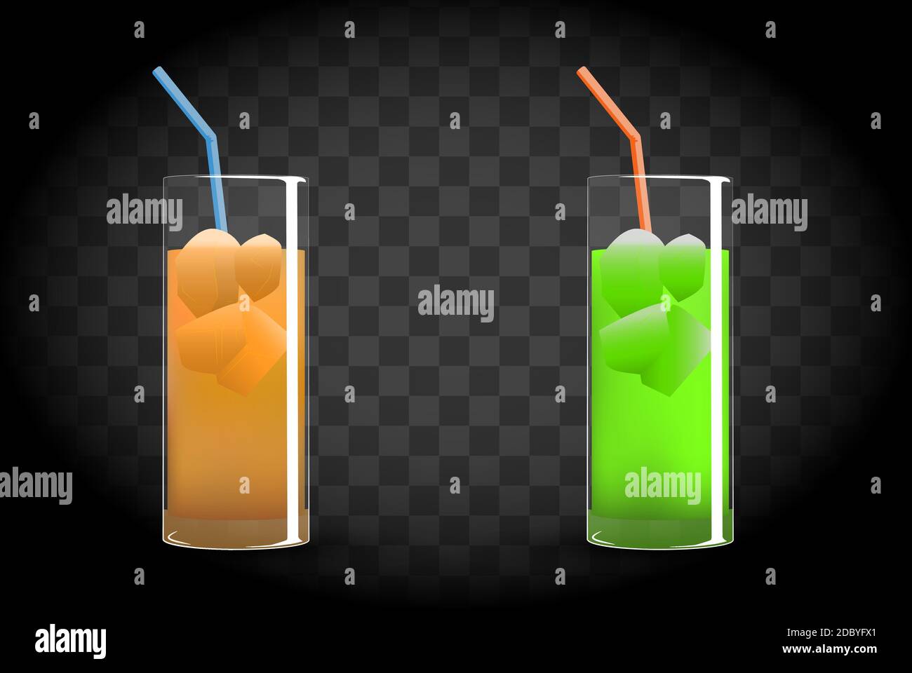 Vector bicchieri isolati di succo d'arancia e di lime drink su sfondo trasparente. Cubetti di ghiaccio in un bicchiere. EPS 10. Illustrazione vettoriale Illustrazione Vettoriale