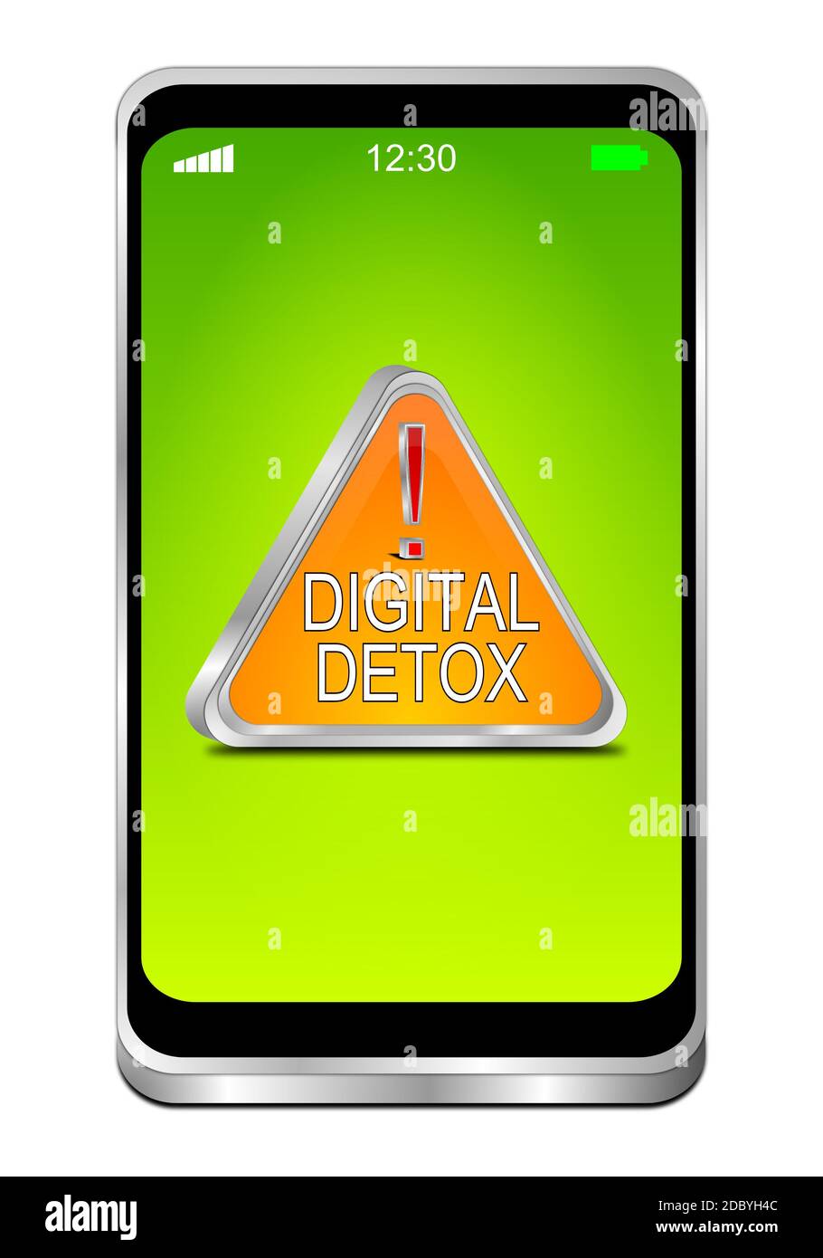 Smartphone con Digital Detox arancione - segnale sui social media su display verde - illustrazione 3D Foto Stock