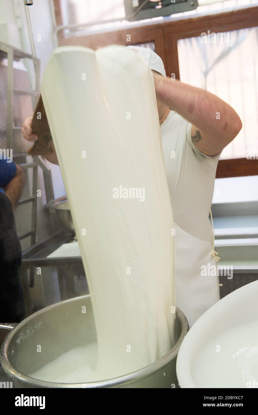 produzione della tipica mozzarella pugliese detta burrata. Foto Stock