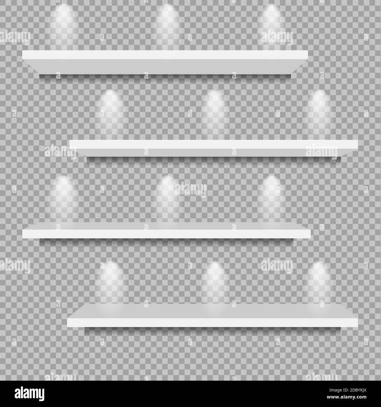 Ripiani bianchi realistici su sfondo trasparente. Negozio vuoto scaffale esposizione di ombre e luci su negozio a muro al coperto. Interni del museo in 3D Illustrazione Vettoriale