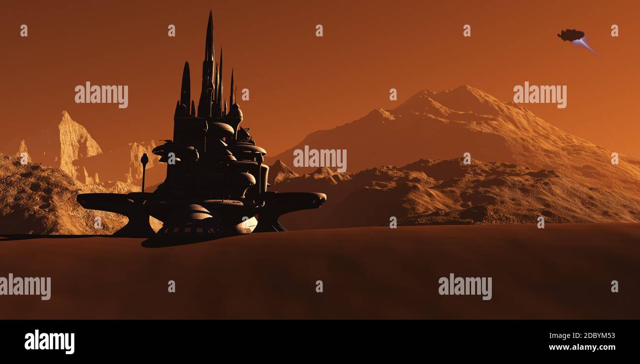 Una futura colonia basata su Marte Il pianeta rosso, attende come in arrivo una stella-nave proviene in per un atterraggio. Foto Stock