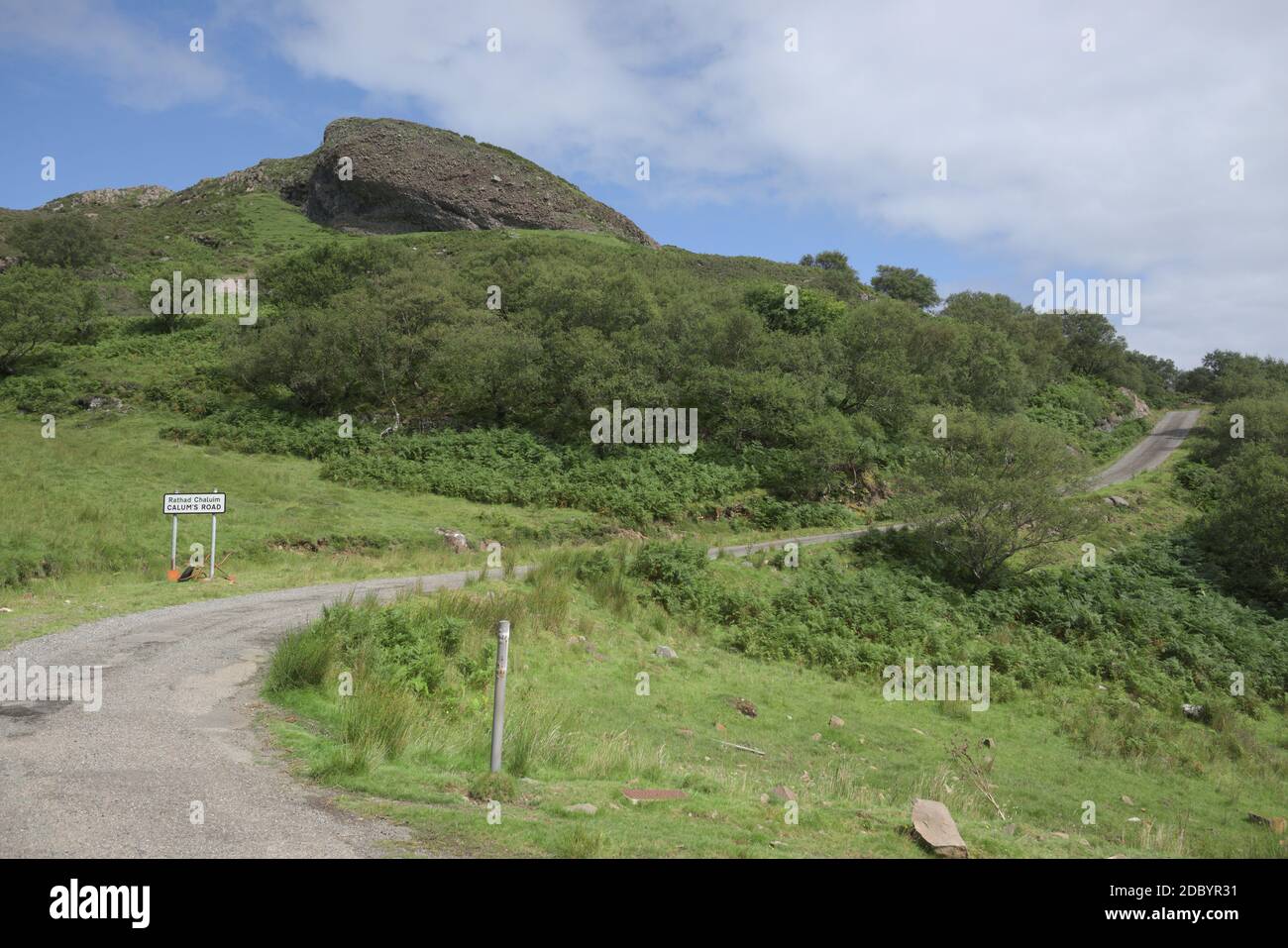 La strada di Calum passa attraverso questa immagine. Durante una giornata di sole sull'isola di raasay, il lussureggiante fogliame che circonda la storica strada sembra buono. Foto Stock