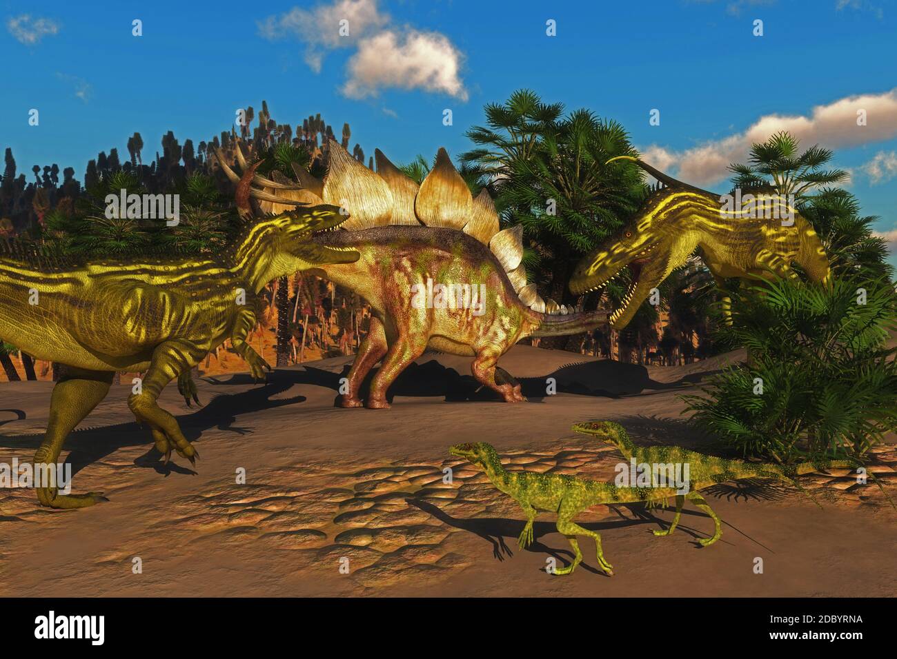 Piccoli rettili Juravenator guardare come un Stegosaurus cerca di difendersi da due Torvosaurus dinosauri. Foto Stock