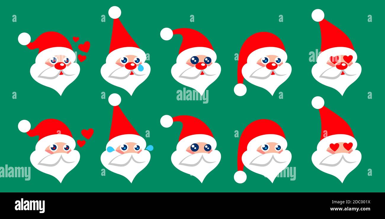 Ten Kawaii Vector Cartoon Flat Babbo Natale Emoji Set. Elementi di disegno del personaggio tema di Natale isolati. Illustrazione Vettoriale