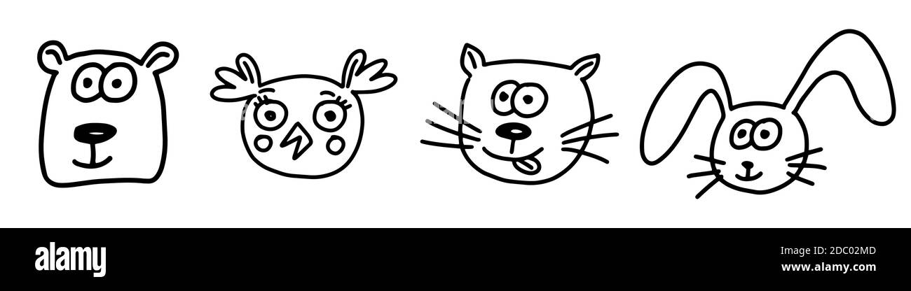 Animali doodle set. Linee disegnate a mano cartoni animati collezione di animali. Orso, coniglietto, gatto, gufo. Illustrazione vettoriale. Illustrazione Vettoriale