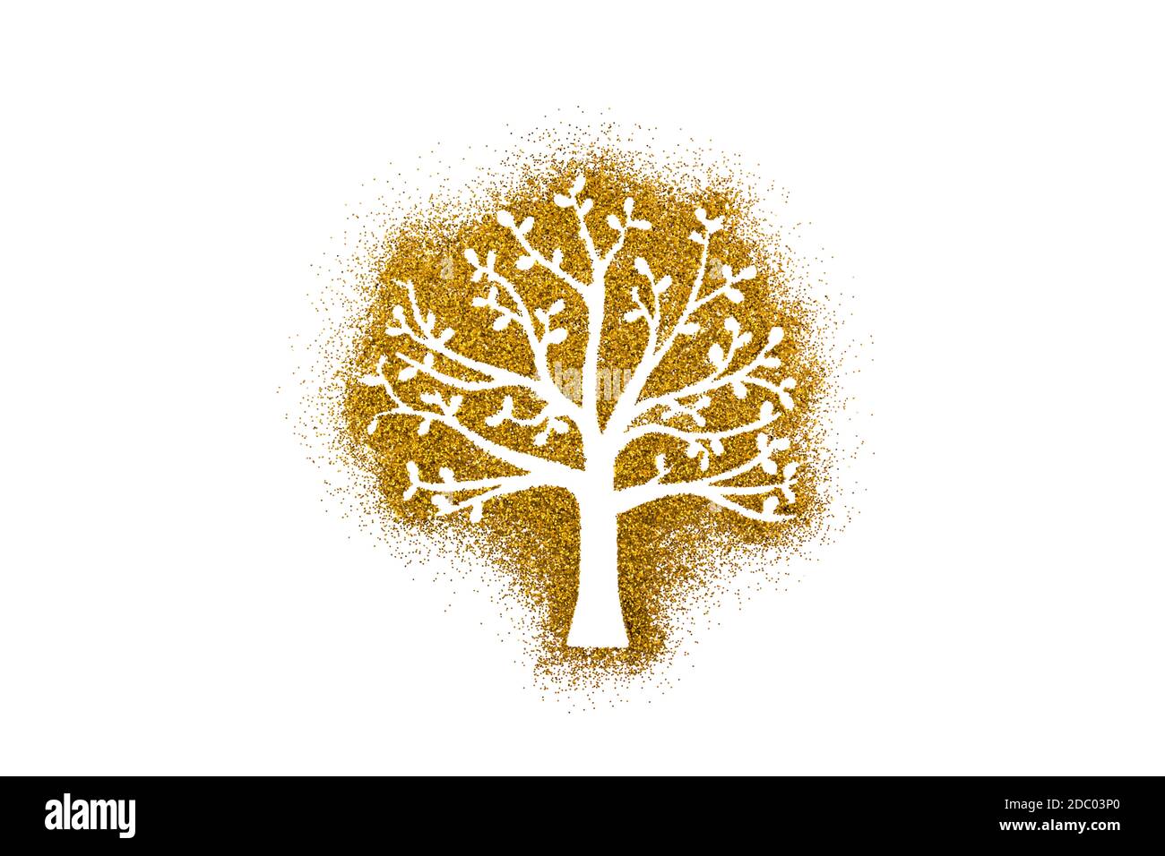Forma di un piccolo albero su glitter dorato isolato su sfondo bianco Foto Stock