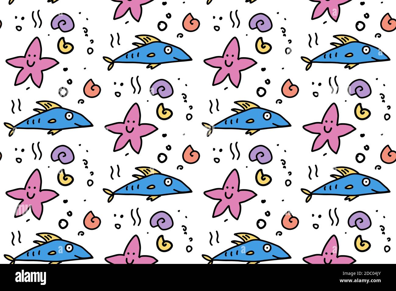 Sea LIFE motivo senza cuciture con carini doodle pesci e stelle marine. Linee disegnate a mano pesci cartoon. Sfondo marino. Illustrazione vettoriale del tessuto Illustrazione Vettoriale