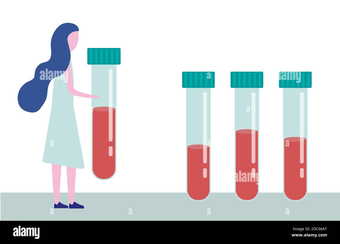 Analisi del sangue, analisi del dna, esame medico. La donna trasporta una provetta con sangue. Il concetto di medicina, esame e analisi. Vettore Illustrazione Vettoriale