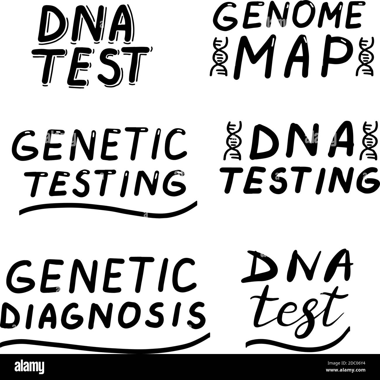 Test del DNA, test genetici, diagnostica. Illustrazione dell'insieme di calligraphy di scrittura. Vector eps pennello scritto a mano trendy nero isolato su sfondo bianco. Illustrazione Vettoriale