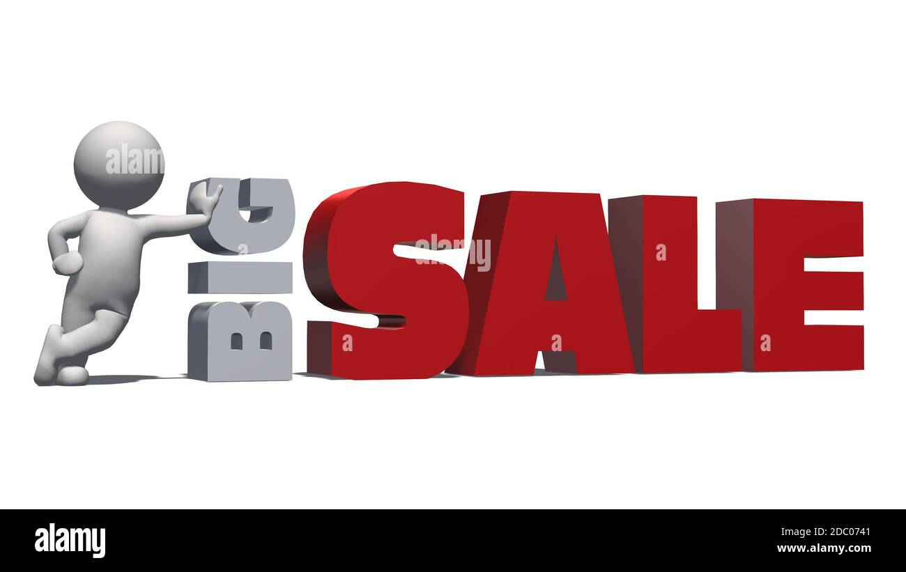 Scritta IN VENDITA DI GRANDI DIMENSIONI in rosso e bianco - elementi grafici con persone 3D inclinate e ombre sul pavimento - isolati su sfondo bianco Foto Stock