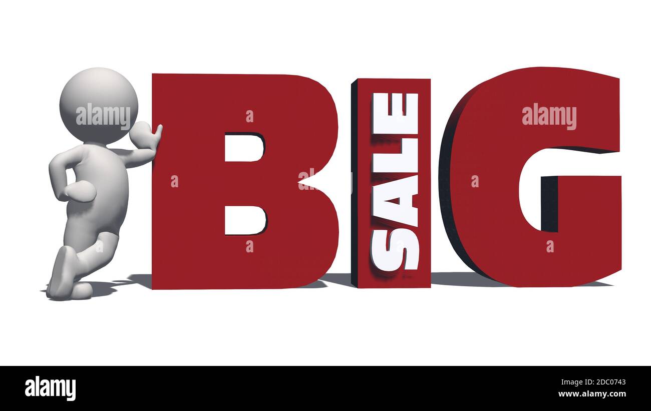 Scritta IN VENDITA DI GRANDI DIMENSIONI in rosso e bianco - elementi grafici con persone 3D inclinate e ombre sul pavimento - isolati su sfondo bianco Foto Stock