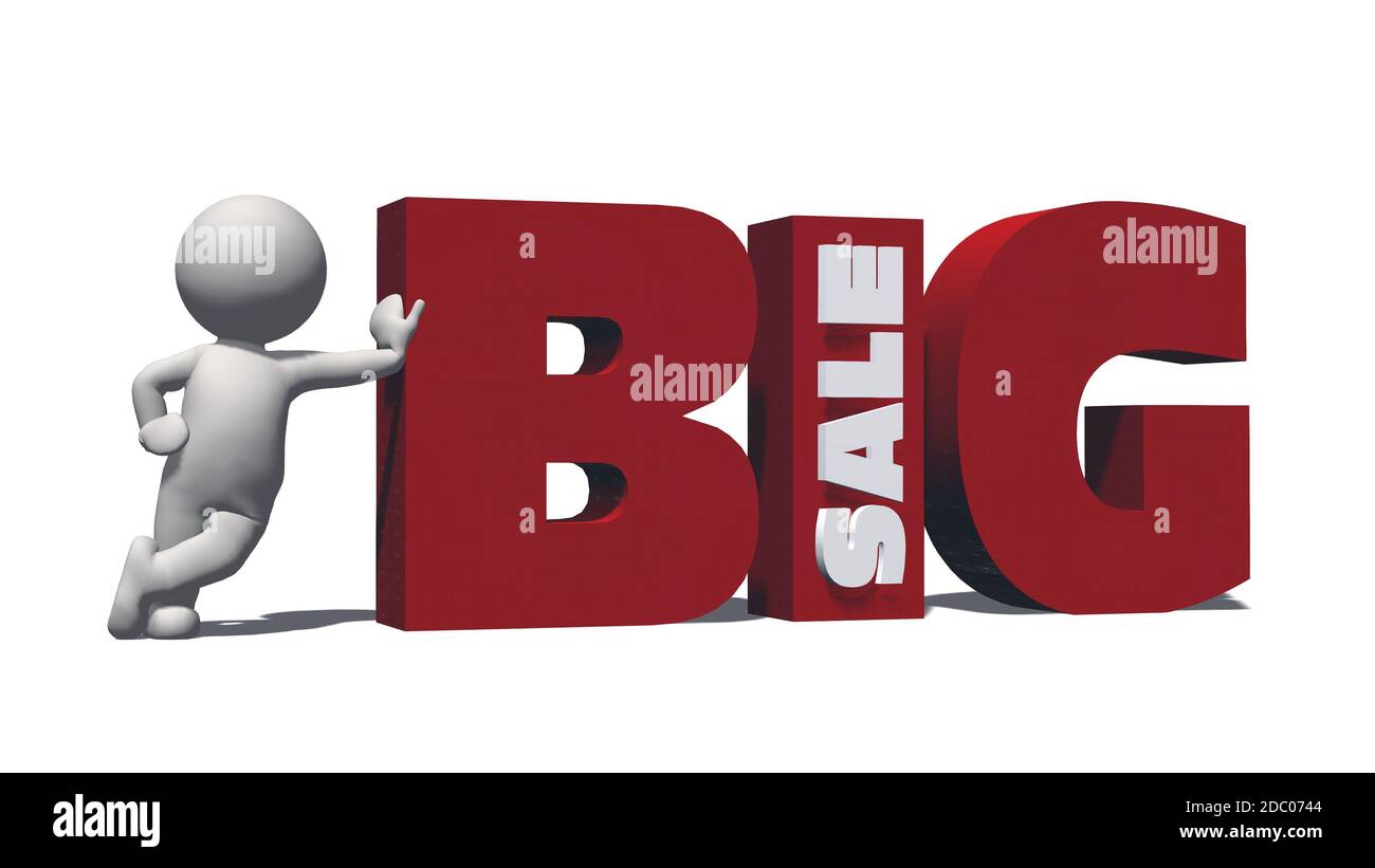 Scritta IN VENDITA DI GRANDI DIMENSIONI in rosso e bianco - elementi grafici con persone 3D inclinate e ombre sul pavimento - isolati su sfondo bianco Foto Stock