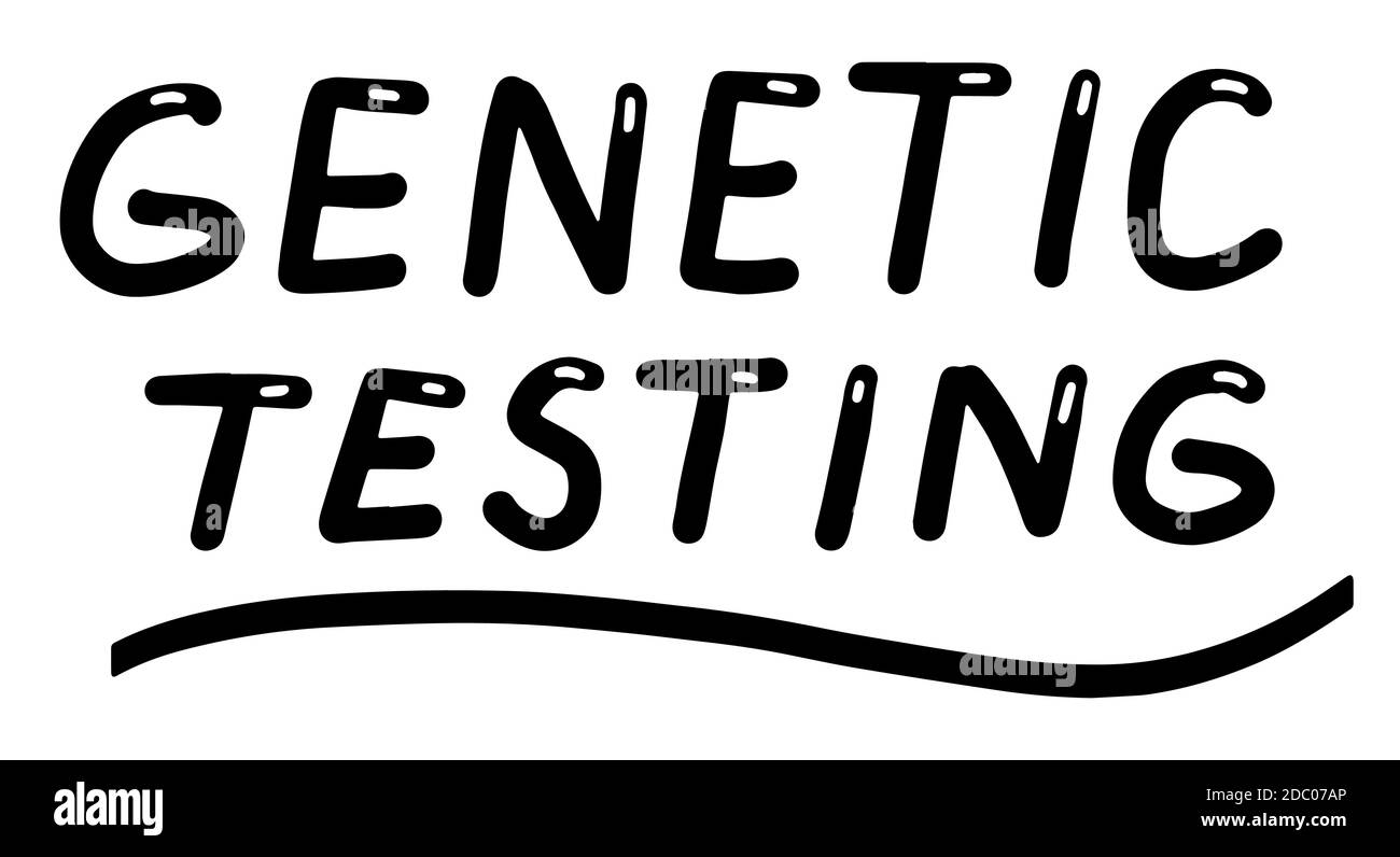 Test genetici, diagnostica. Test del DNA. Illustrazione calligraphy di scrittura. Vector eps pennello scritto a mano trendy nero isolato su sfondo bianco. Illustrazione Vettoriale