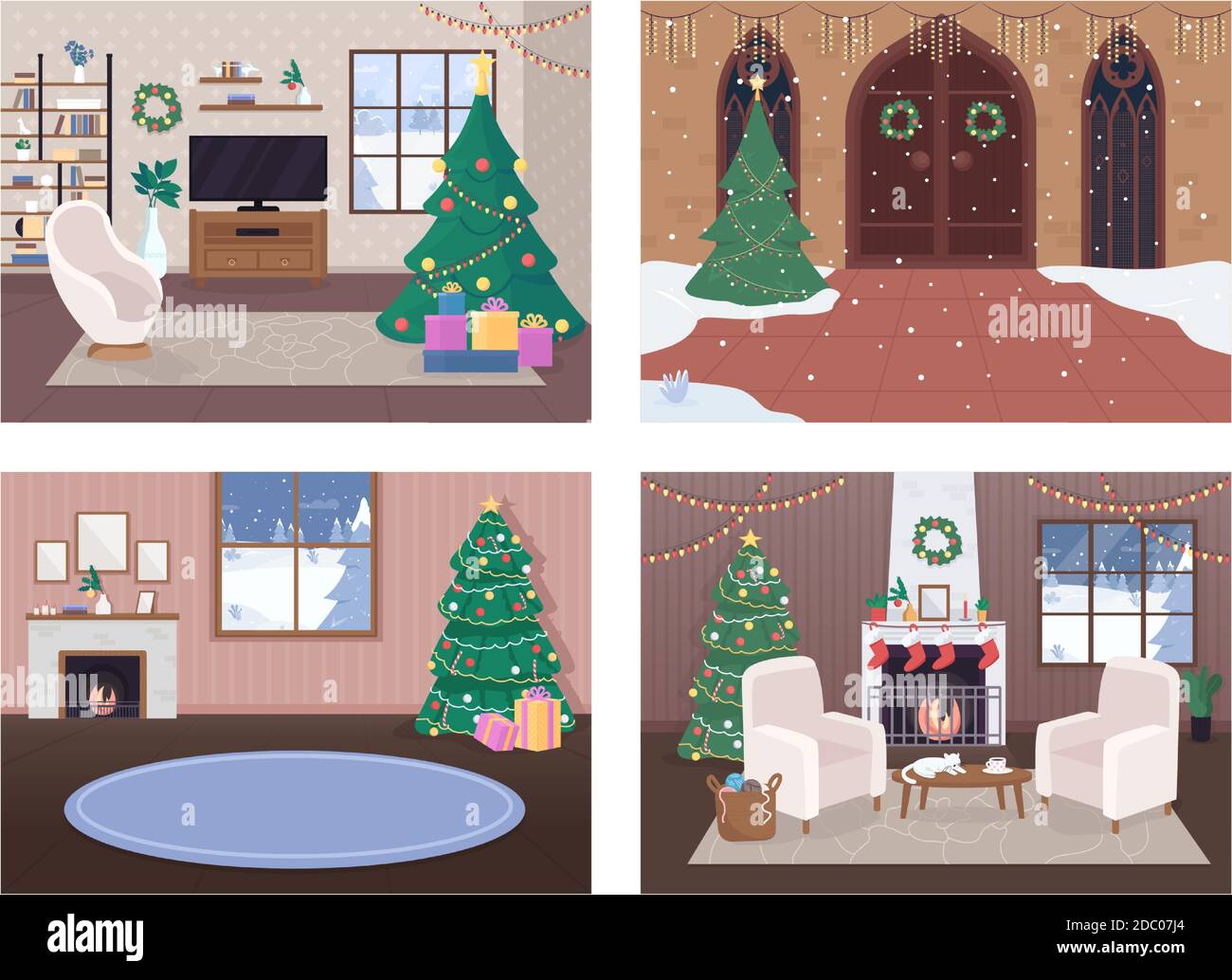 Casa di Natale all'interno piatto colore vettore illustrazione set Illustrazione Vettoriale