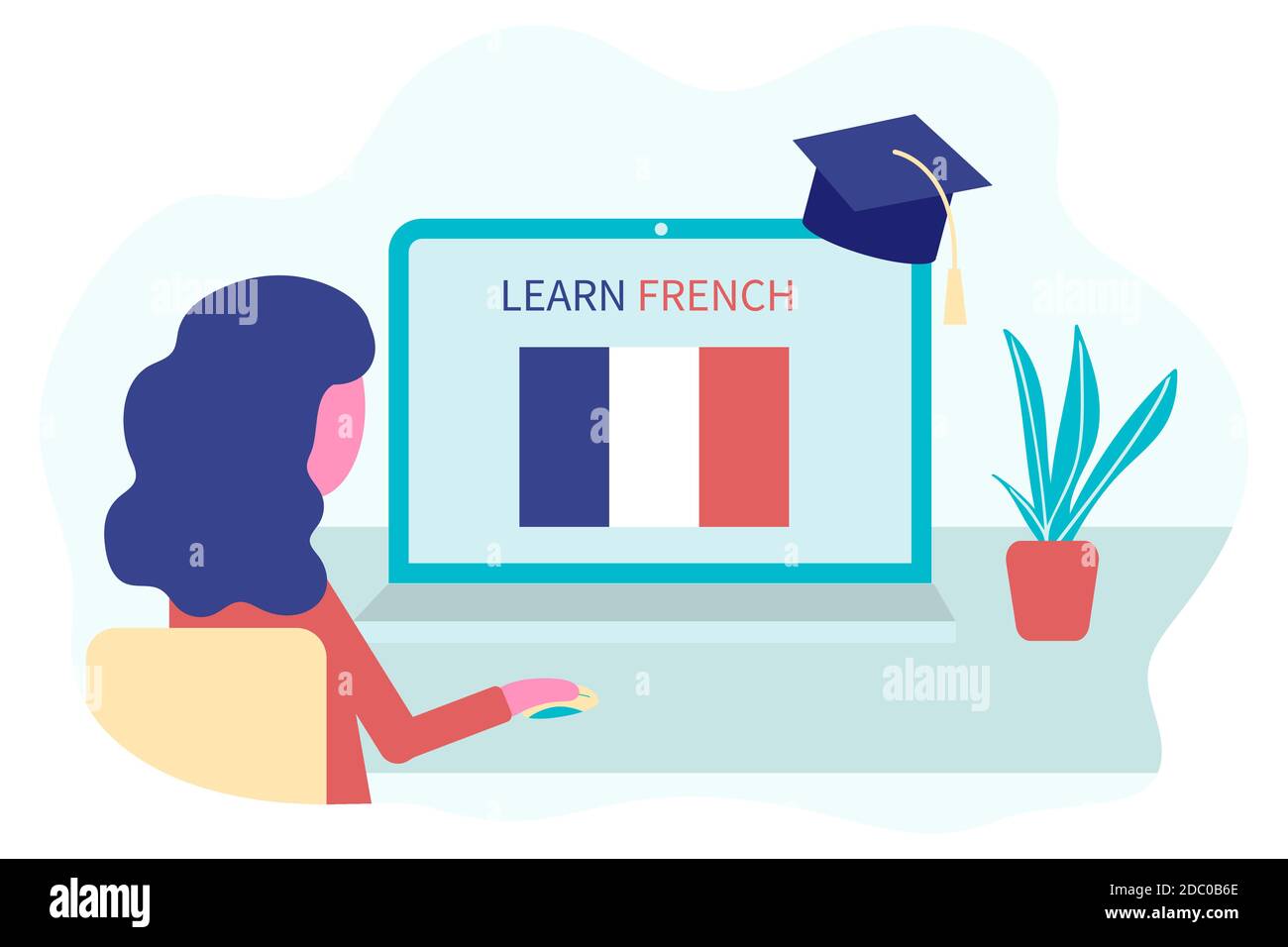 Online French Learning, concetto di formazione a distanza. Formazione e corsi di lingua. Studentessa studia lingue straniere su un sito web in un computer portatile Illustrazione Vettoriale