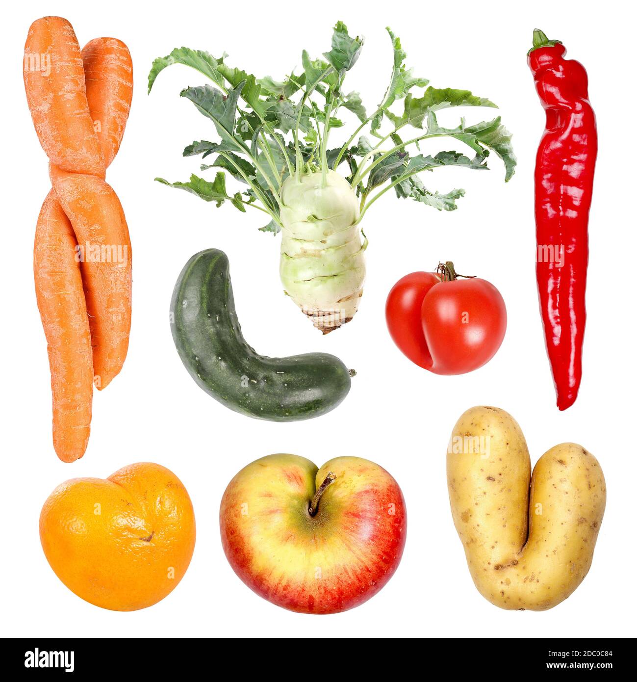 Frutta e verdura organiche deformate Foto Stock