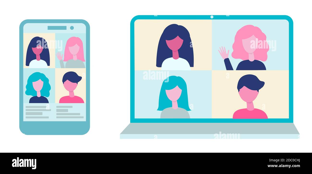 Videoconferenza online su computer e app mobile. Concetto di riunione virtuale. Gruppo di persone sullo schermo del telefono e del computer portatile conversazione, comunicazione online Illustrazione Vettoriale